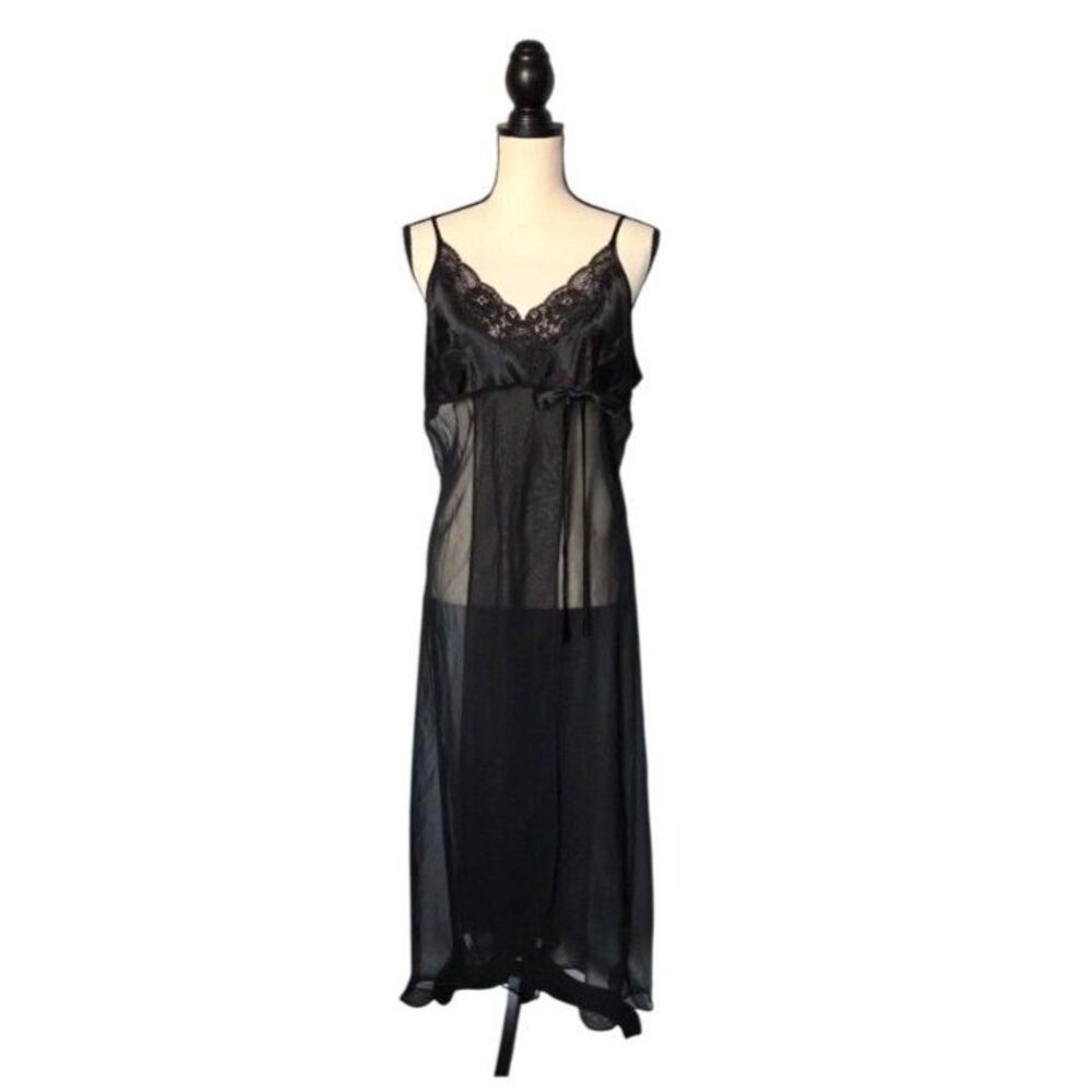 VTG Halston Black Sheer Lace Open Front Maxi Nightgown Slip XL EUC Y2K Boudoir